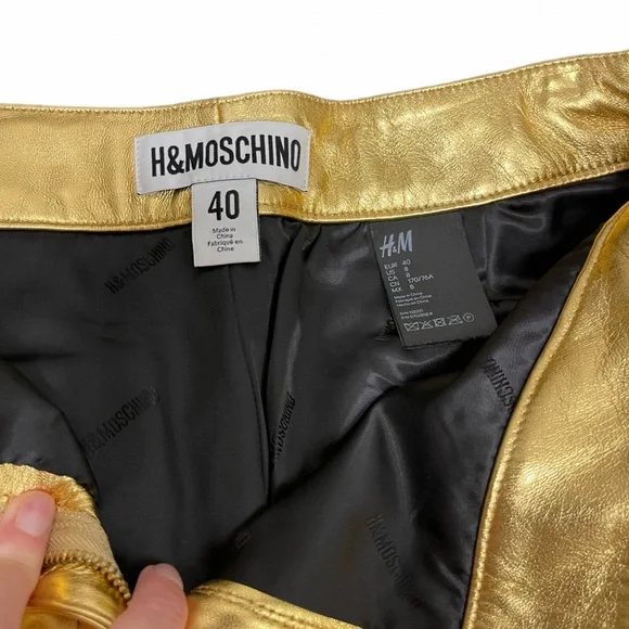 H&Moschino Gold Calf Leather Women's Pants Rare COLLAB - Picture 10 of 16
